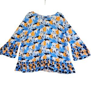 Crown & Ivy Womens Peplum‎ Top Size XXL Bell Sleeves Elephant Print Orange Blue